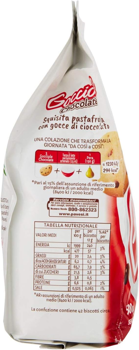 Pavesi Biscotti Frollini Gocciole Cioccolato, Biscotti da Colazione - 500 gr