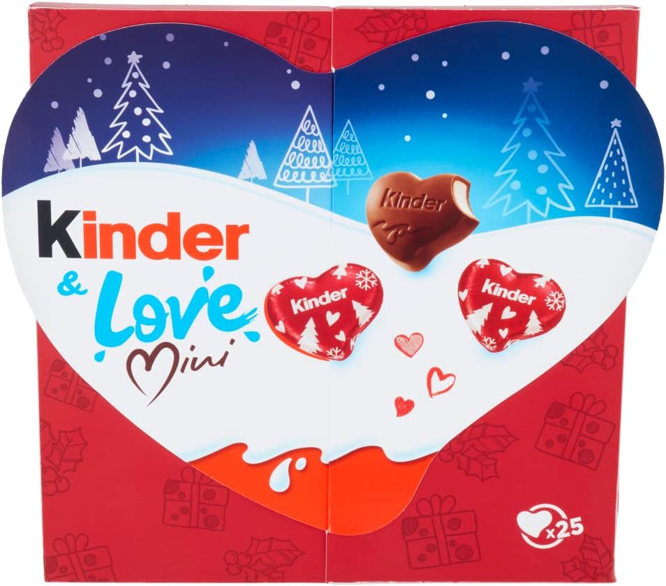 Kinder Love Mini Christmas Edition, Confezione con 25 Cuori di Cioccolato Finissimo al Latte con Ripieno al Latte 107g