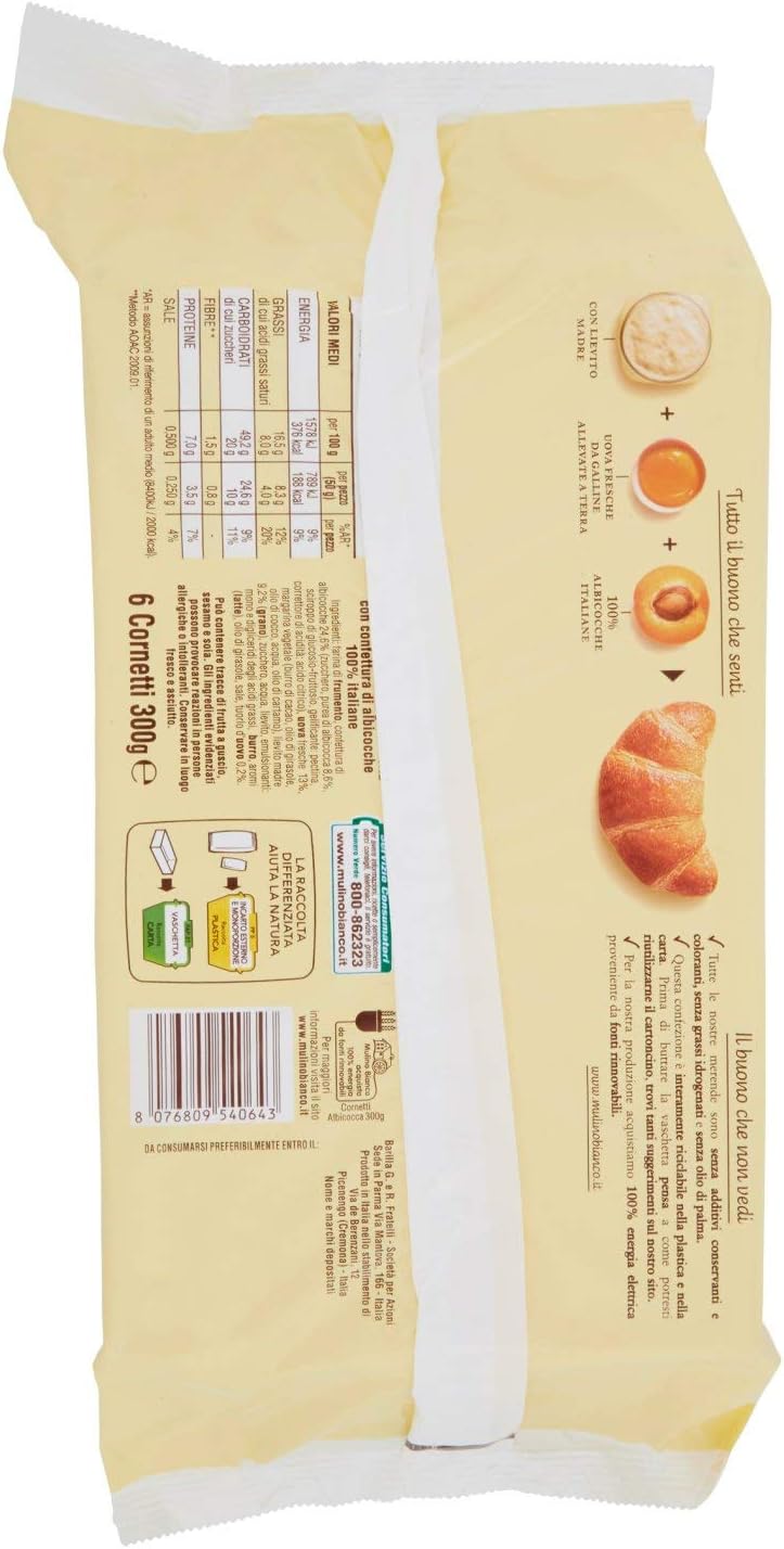 Mulino Bianco Cornetti con Confettura di Albicocche 100% Italiane - 6 brioches - 300 g