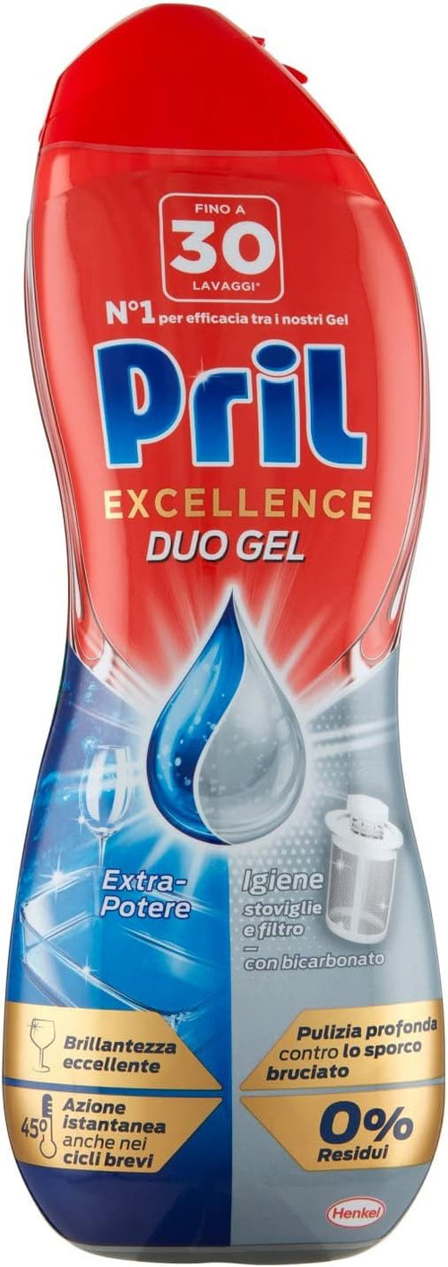 Pril Excellence Duo Gel Detersivo Lavastoviglie Gel Azione Igiene con Bicarbonato, Confezione da 30 Lavaggi