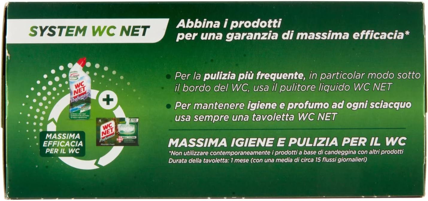 Wc Net - Tavoletta Profumoso Igiene Continua, Detergente Igienizzante Solido per WC, Azione Anticalcare e Profumo Intenso, Fragranza Mountain Fresh, 4 Pezzi