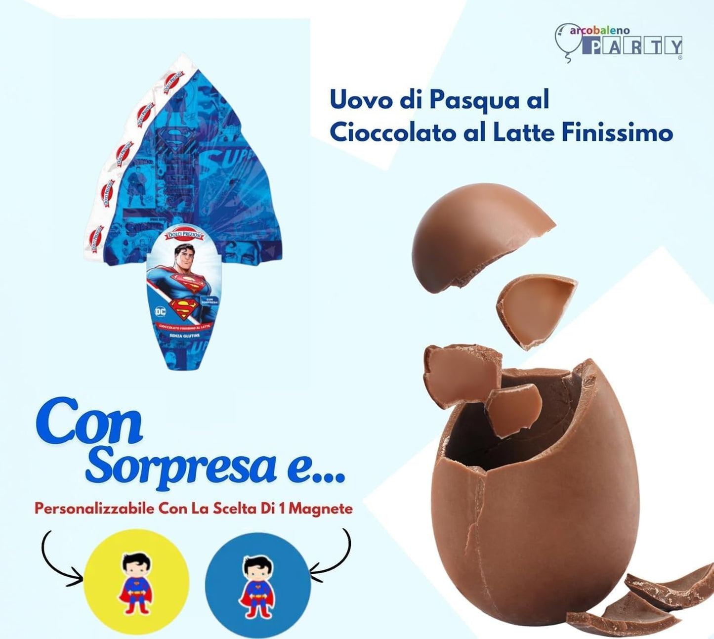 ARCOBALENO PARTY - UOVO DI PASQUA Cioccolato Al Latte Finissimo Personalizzabile Con La Scelta Di 1 Magnete Collezionabile Regalo Perfetto NOVITA' 2026! (Super Man 250g)