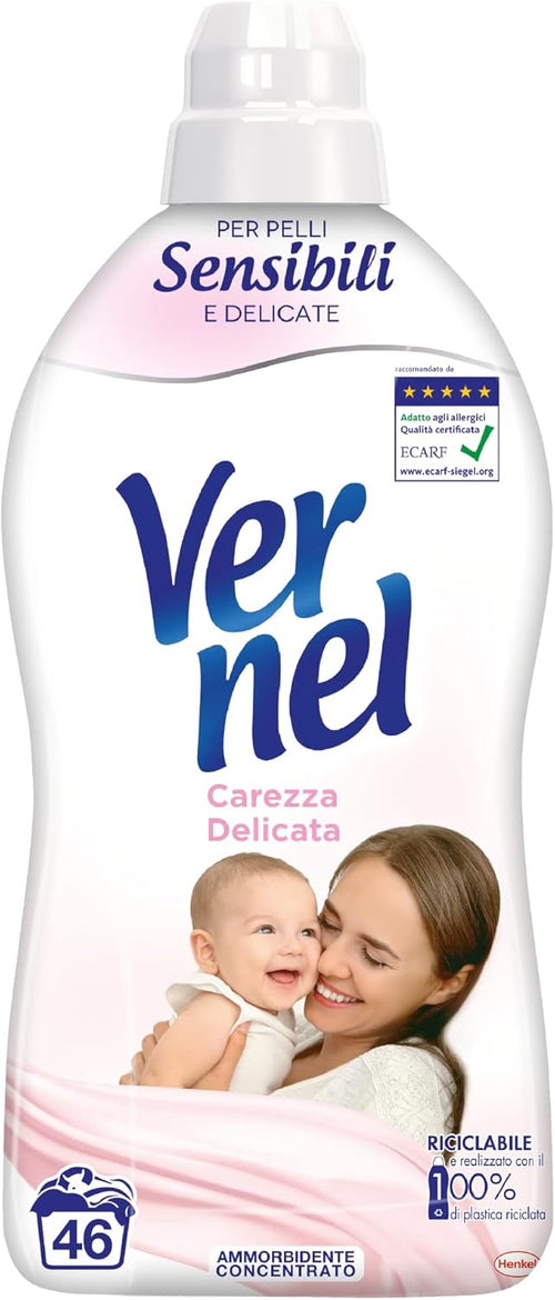 Vernel Carezza Delicata, Ammorbidente Lavatrice Concentrato, Pelli Sensibili e Delicate, Senza Coloranti, confezione singola da 46 lavaggi