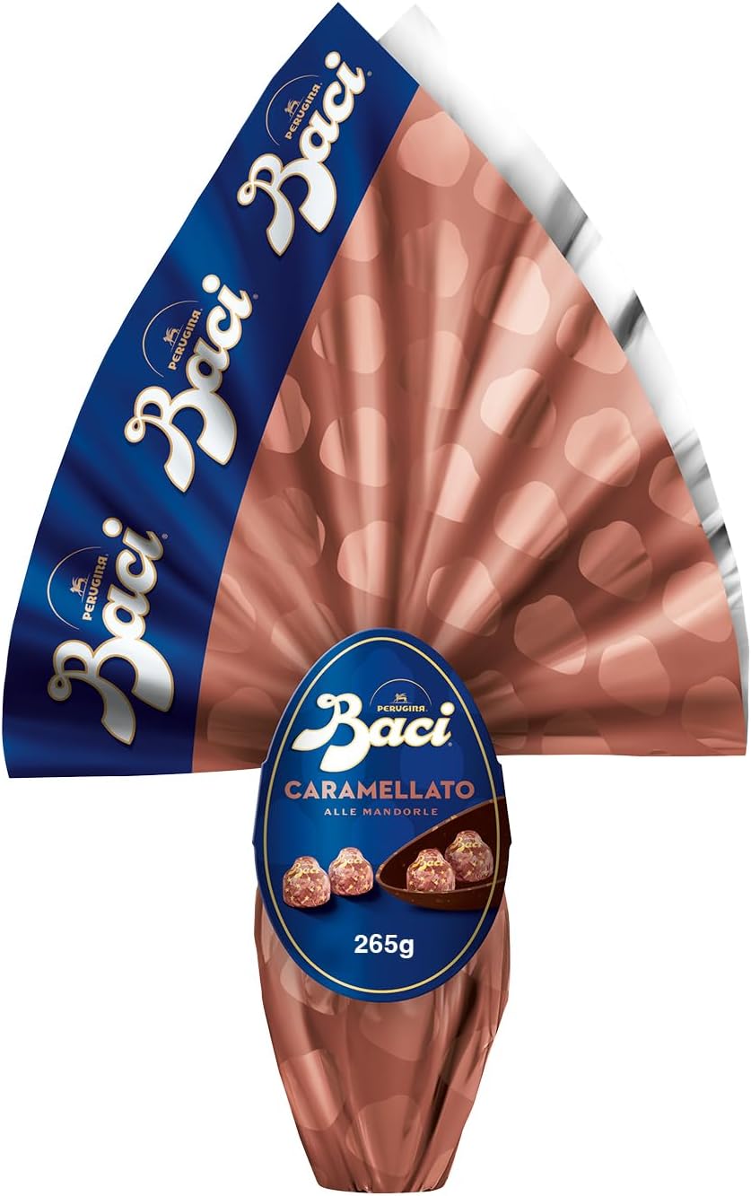 BACI PERUGINA Uovo di Pasqua 2025 Cioccolato Caramellato alle Mandorle con Sorpresa e 4 Cioccolatini 265g