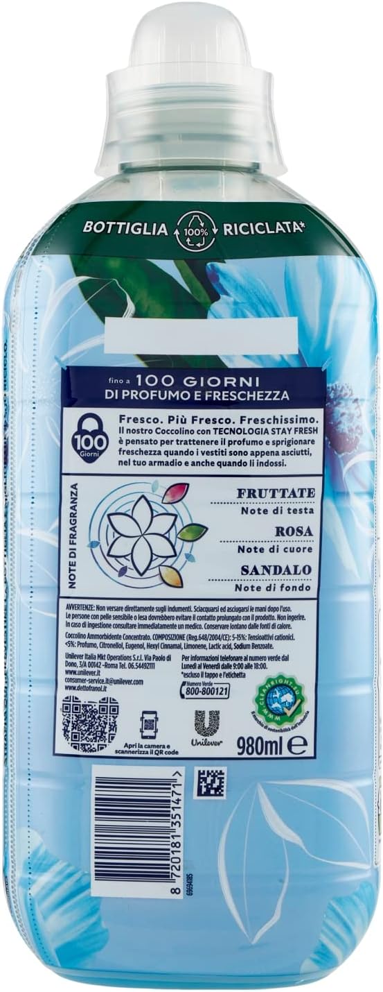 Coccolino Ammorbidente Concentrato Aria di Primavera, Ammorbidente Lavatrice con Tecnologia Stay Fresh, con Note Fruttate, Rosa, e Sandalo, Formato Fino a 42 Lavaggi, 980 ml