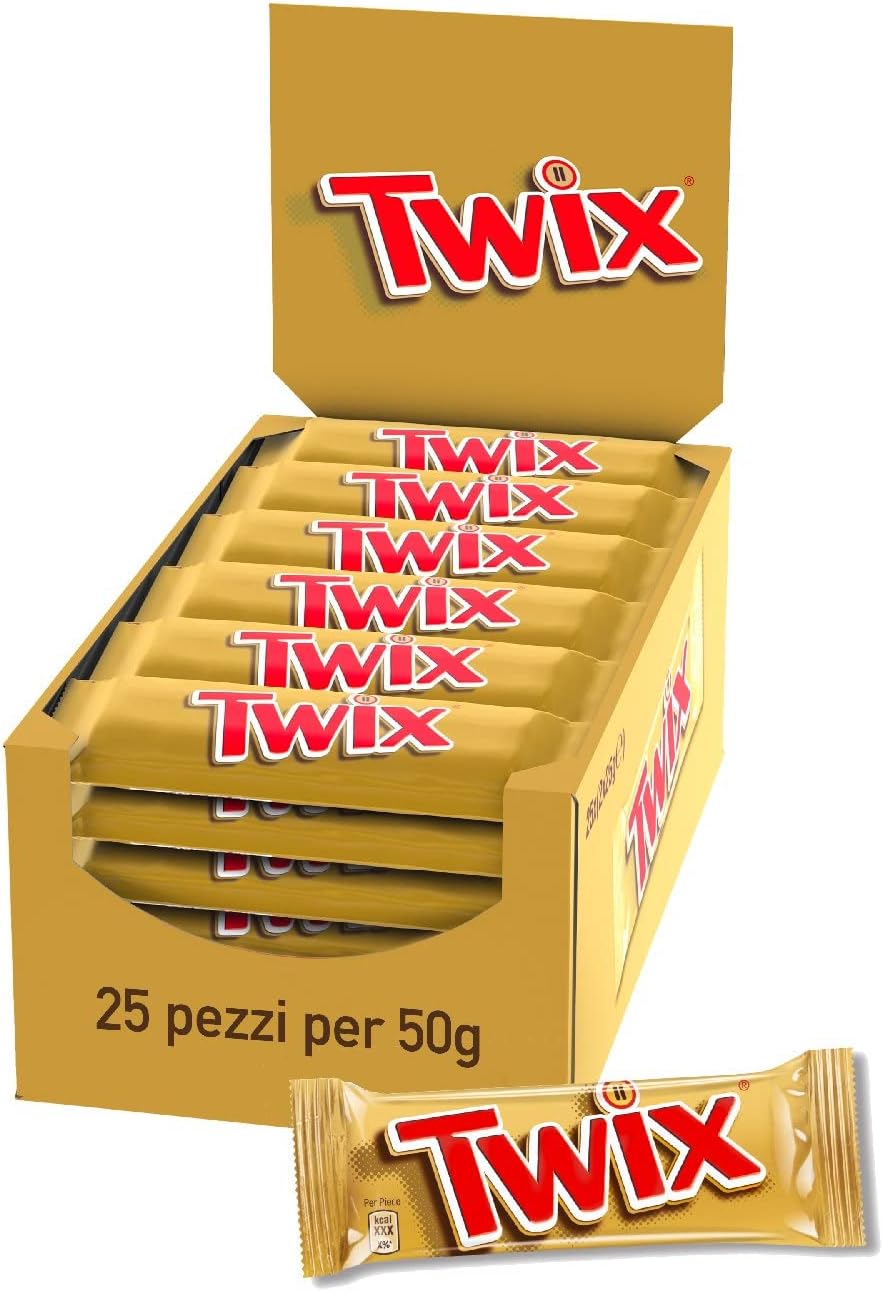 Twix, Barretta Snack con Biscotto Gustoso e Croccante Con Caramello Ricoperto di Cioccolato al Latte, 25 barrette x50g (1250g), Vecchia versione