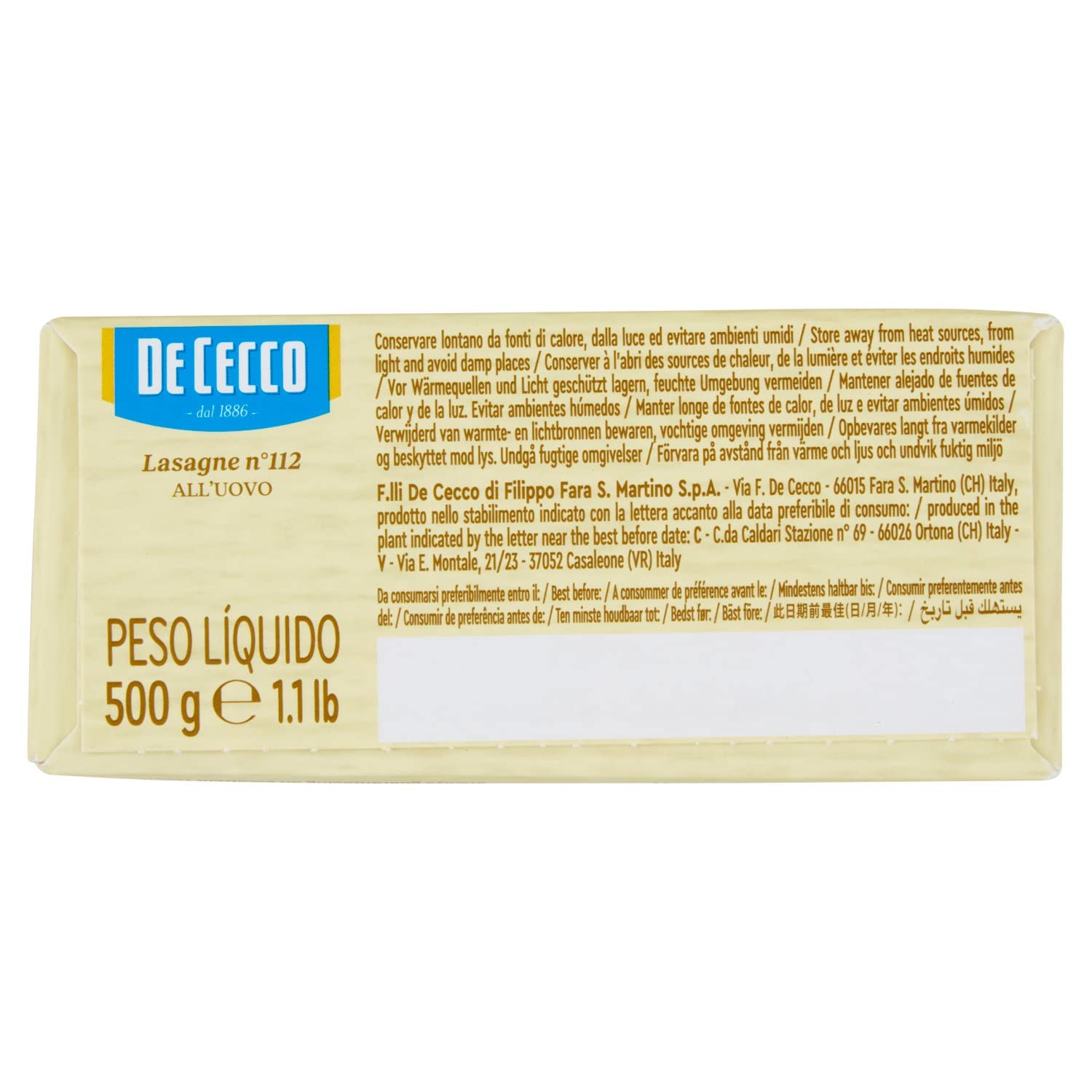 De Cecco Lasagna N°112 Timballo all'Uovo, 500g (Confezione da 8)
