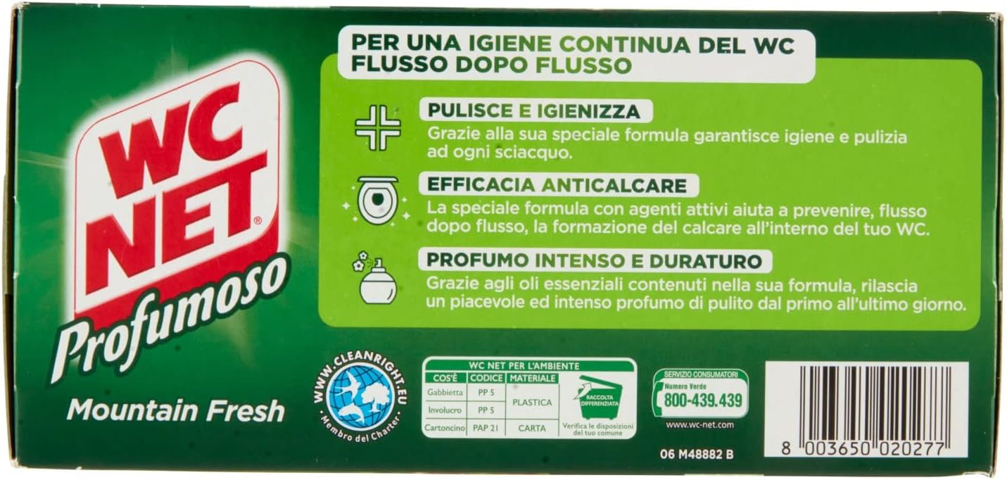 Wc Net - Tavoletta Profumoso Igiene Continua, Detergente Igienizzante Solido per WC, Azione Anticalcare e Profumo Intenso, Fragranza Mountain Fresh, 4 Pezzi