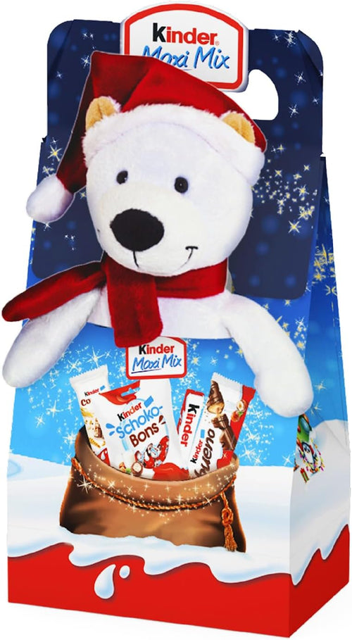 Kinder Mix Peluche - 11 Snack Dolci al Cioccolato Assortiti, Box Speciale con Orso Peluche Natalizio, Idea Regalo, Confezione da 133 gr