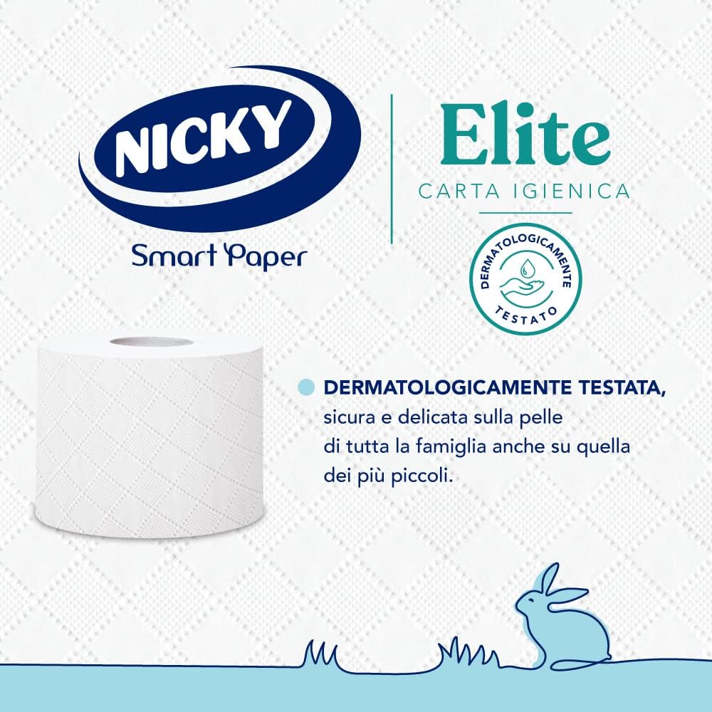 Nicky Elite - 4 Rotoli di Carta Igienica, 170 Soffici Fogli a 3 Veli, Morbida e Resistente a Contatto con la Pelle, Dermatologicamente Testata, Carta 100% Certificata FSC®