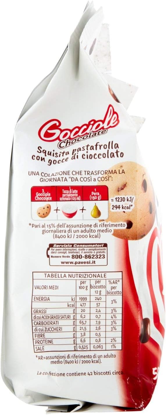 Pavesi: Biscotti "Gocciole al cioccolato" con gocce di cioccolato, senza olio di palma, 500 g, confezione da 2