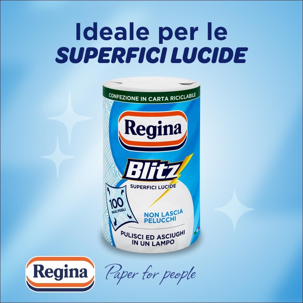 Regina Blitz Carta Casa, Confezione da 1 Rotolo, 100 Maxi Fogli a 3 Veli, Confezione in Carta Riciclabile, Pulisci e Asciughi in un Lampo, Carta 100% Certificata FSC