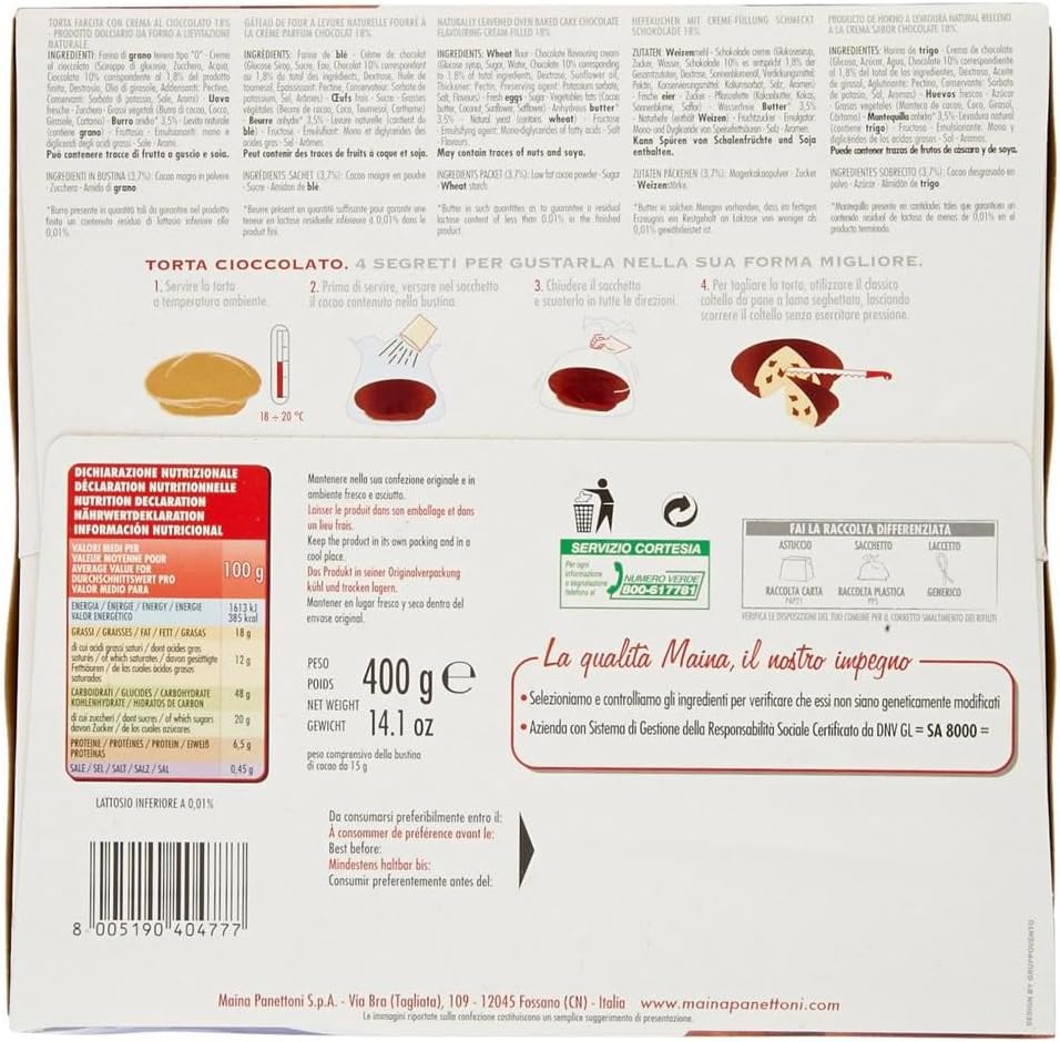 Maina Torta Cioccolato Farcita con Morbida con Crema al Cacao, Senza Lattosio 400g (PASQUA 2025)