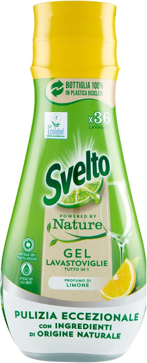 Svelto Gel Lavastoviglie Tutto in 1 Powered By Nature, 36 Lavaggi, Detersivo Lavastoviglie con Ingredienti di Origine Naturale, Efficace nei Cicli Brevi, 100% Plastica Riciclata, Limone