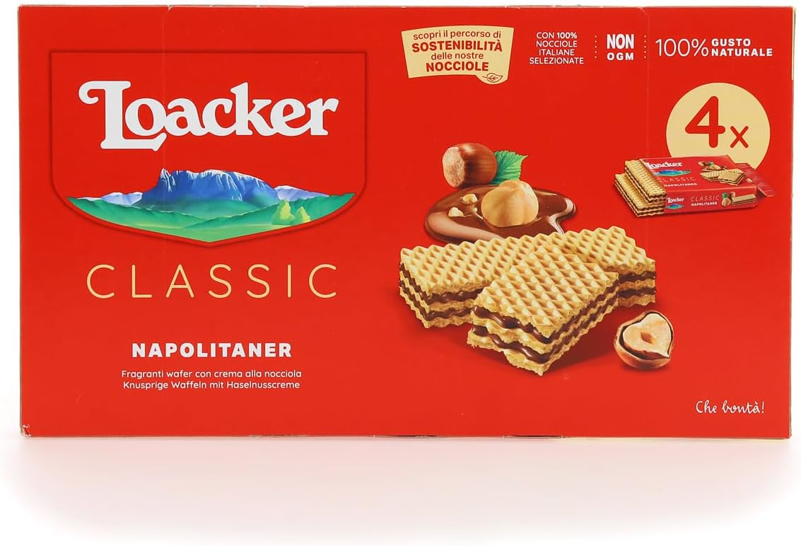 Loacker, Classic Napolitaner Multipack, Wafer Classico con 3 Strati di Cialde Farcite con Crema alla Nocciola, Merenda e Snack, Formato Convenienza, 1 Confezione da 4 Wafer