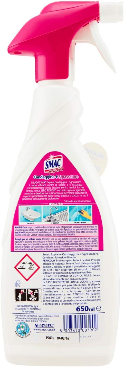 Smac Express - Sgrassatore con Candeggina, Detergente Spray con Azione Sgrassante e Igienizzante, 650 ml