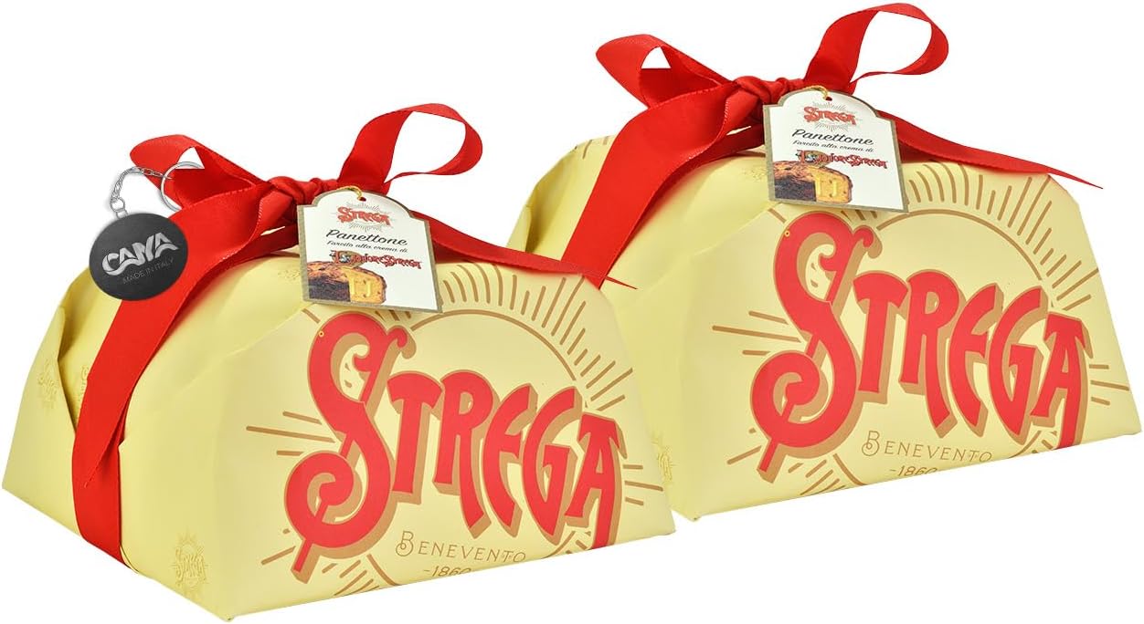 2X Strega Alberti Panettone Soffice Farcito con Crema al Liquore Strega, Uvetta e Canditi 1kg (2023) [2 Panettoni]