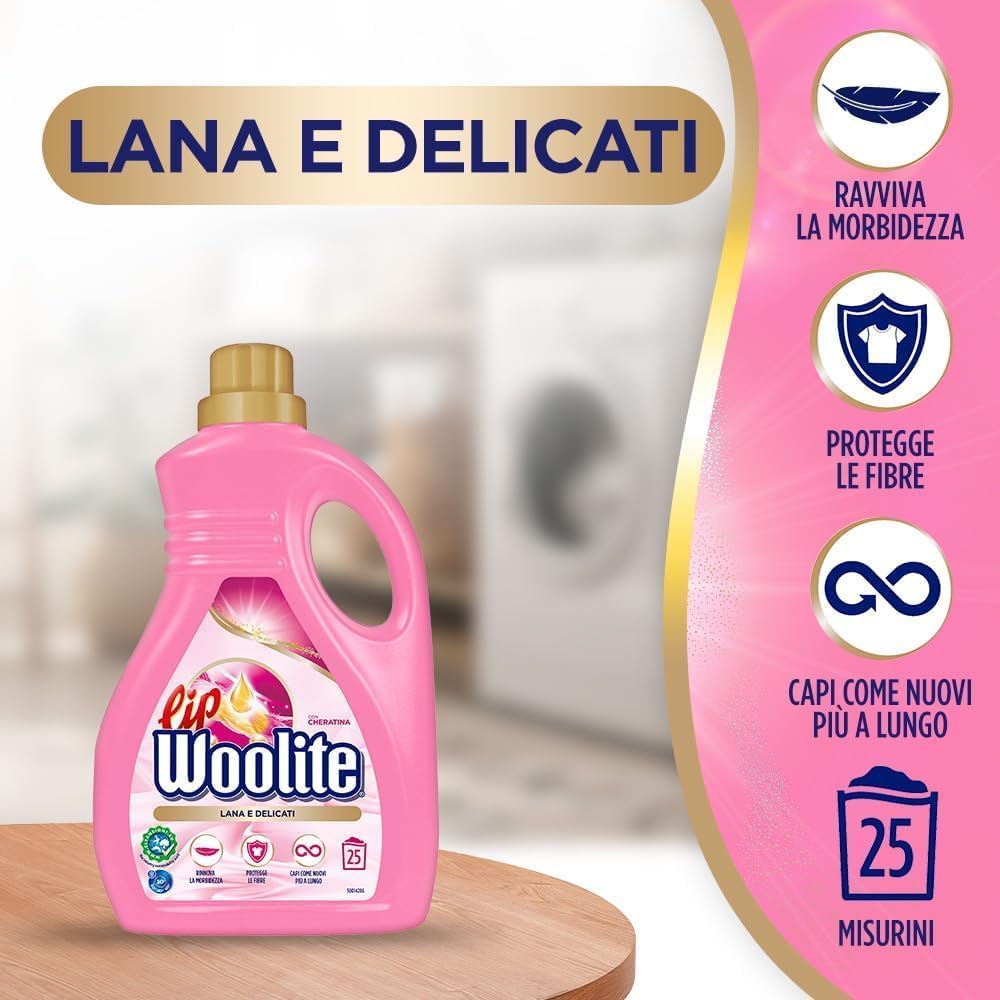 Lip Woolite Detersivo Lavatrice Lana e Delicati 25 Lavaggi, da 1500 ml di Detersivo Lavatrice Liquido Lana e Delicati con Cheratina