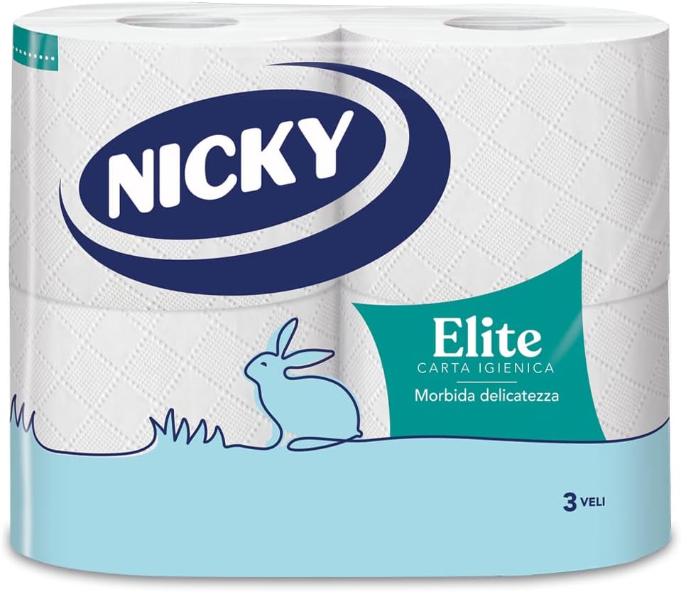 Nicky Elite - 4 Rotoli di Carta Igienica, 170 Soffici Fogli a 3 Veli, Morbida e Resistente a Contatto con la Pelle, Dermatologicamente Testata, Carta 100% Certificata FSC®