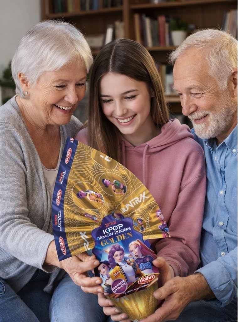 Uovo di Pasqua K-POP Demon Hunters Golden 250g Dolfin, Uova Cioccolato al Latte con Soprese Collezionabili, Film N°1 su Netflix