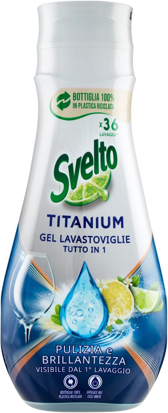 Svelto Gel Lavastoviglie Tutto in 1 Titanium, 36 Lavaggi, Detersivo Lavastoviglie con Agenti Anti-calcare Attivi, Azione Super Sgrassante e Brillantezza, Bottiglia 100% Plastica Riciclata