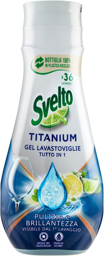 Svelto Gel Lavastoviglie Tutto in 1 Titanium, 36 Lavaggi, Detersivo Lavastoviglie con Agenti Anti-calcare Attivi, Azione Super Sgrassante e Brillantezza, Bottiglia 100% Plastica Riciclata