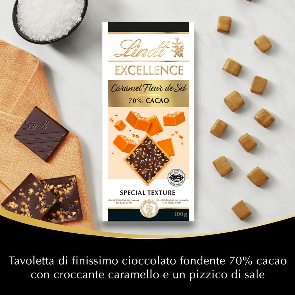 Lindt Excellence Passion Tavoletta di Cioccolato Fondente 70% Cacao con Caramello e Sale, formato 100g