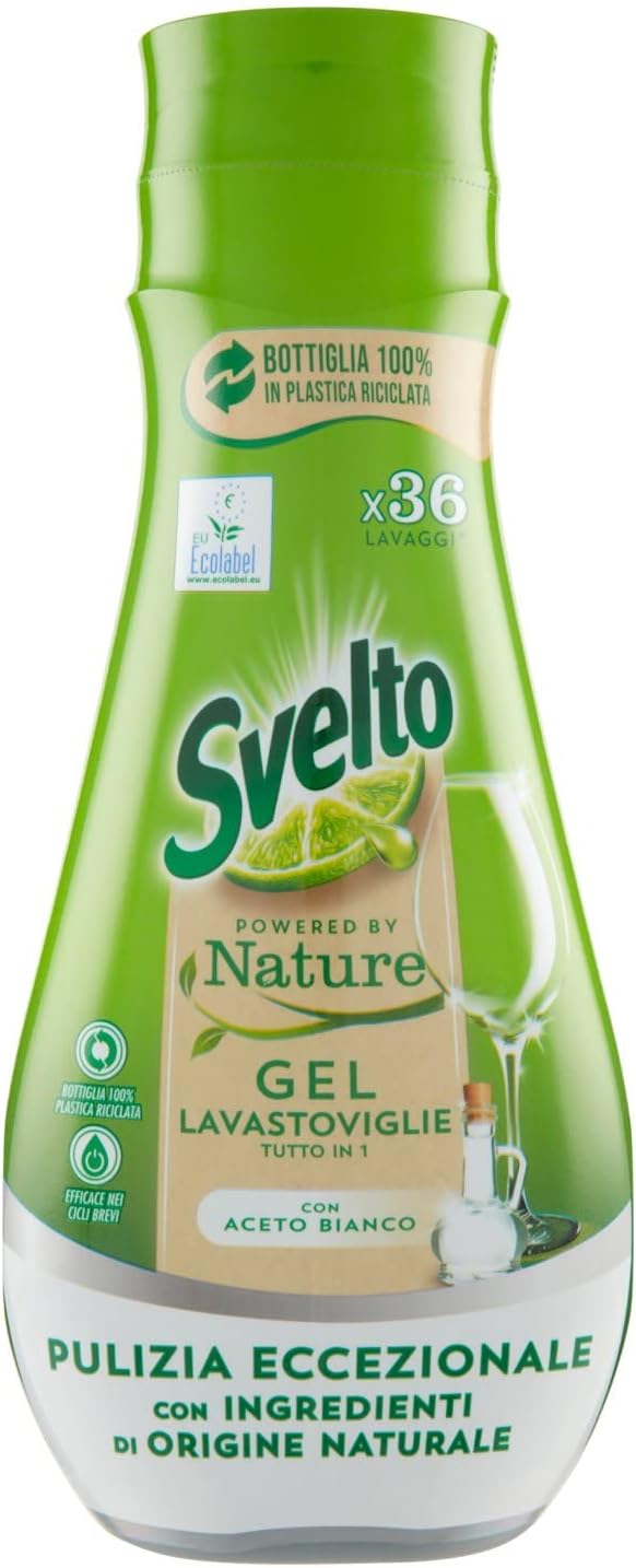 Svelto Gel Lavastoviglie Tutto in 1 Powered By Nature, 36 Lavaggi, Detersivo Lavastoviglie con Ingredienti di Origine Naturale, Efficace nei Cicli Brevi, 100% Plastica Riciclata, Aceto