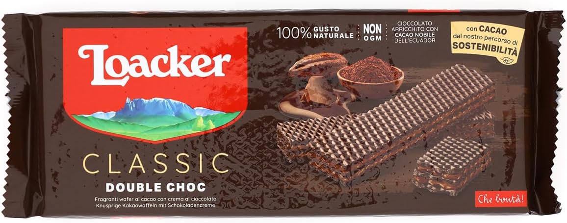 Loacker Classic Double Choc, Fragranti Strati di Wafer al Cacao Pregiato Farciti con Crema al Cacao e Cioccolato, 1 Confezione da 175g