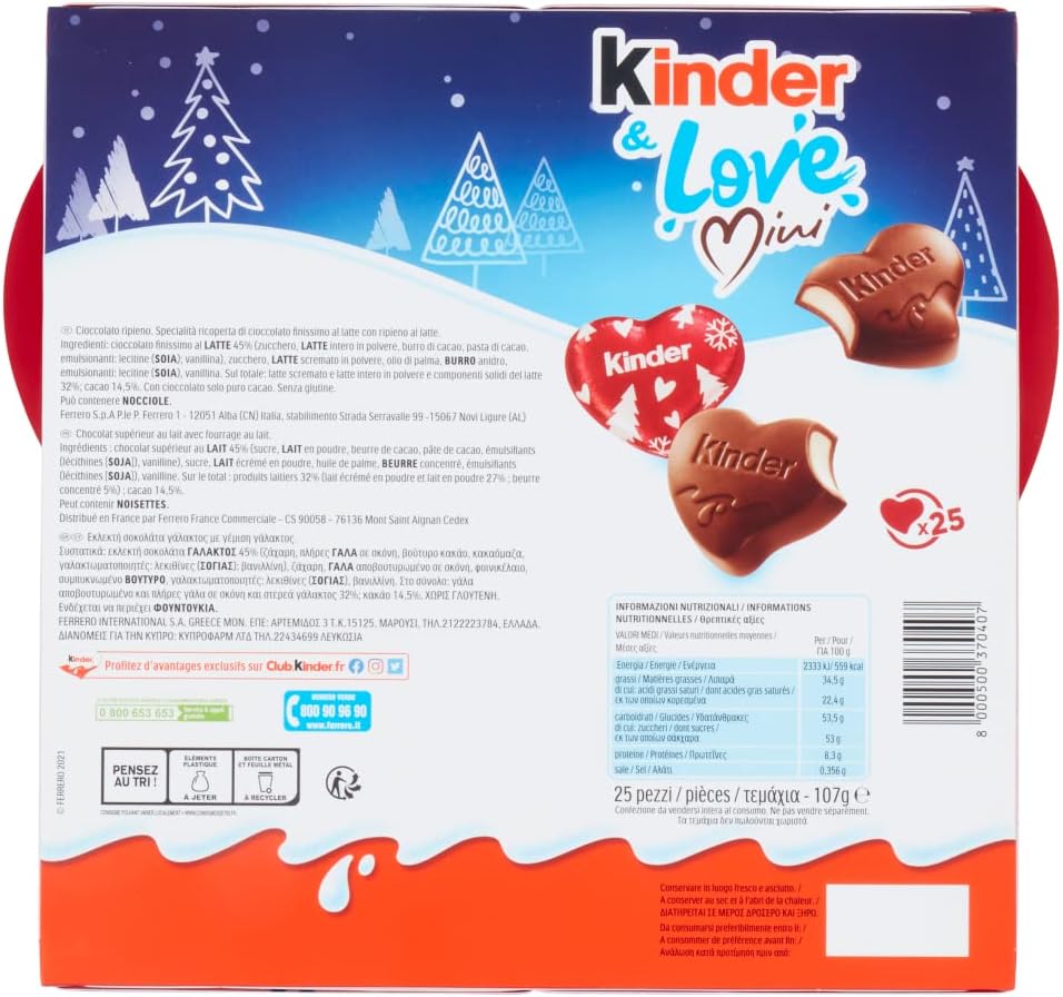 Kinder Love Mini Christmas Edition, Confezione con 25 Cuori di Cioccolato Finissimo al Latte con Ripieno al Latte 107g