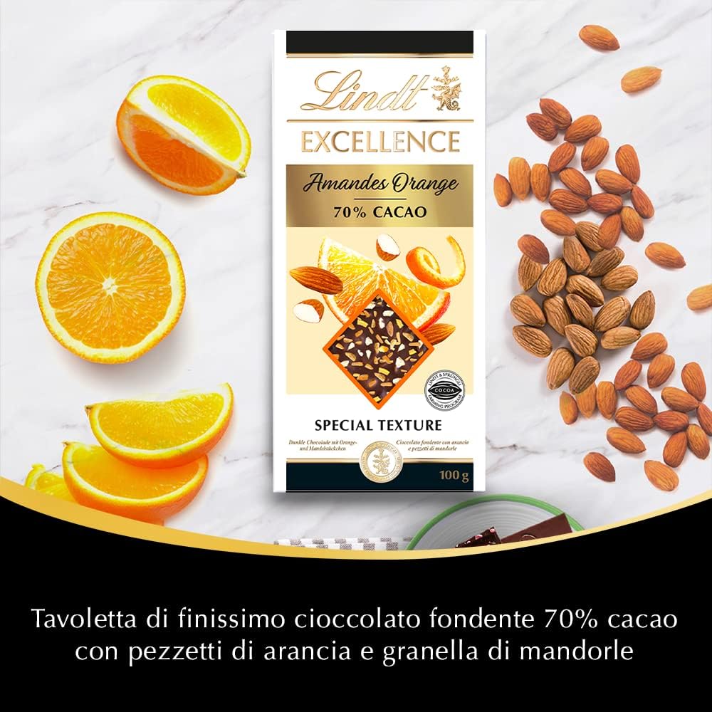 Lindt Excellence Passion Tavoletta di Cioccolato Fondente 70% Cacao con Arancia e Mandorle, formato 100g