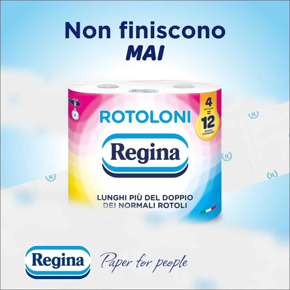 Regina Rotoloni 4 Maxi Rotoli di Carta Igienica, 500 Fogli a 2 Veli, Lunghi Più del Doppio dei Normali Rotoli