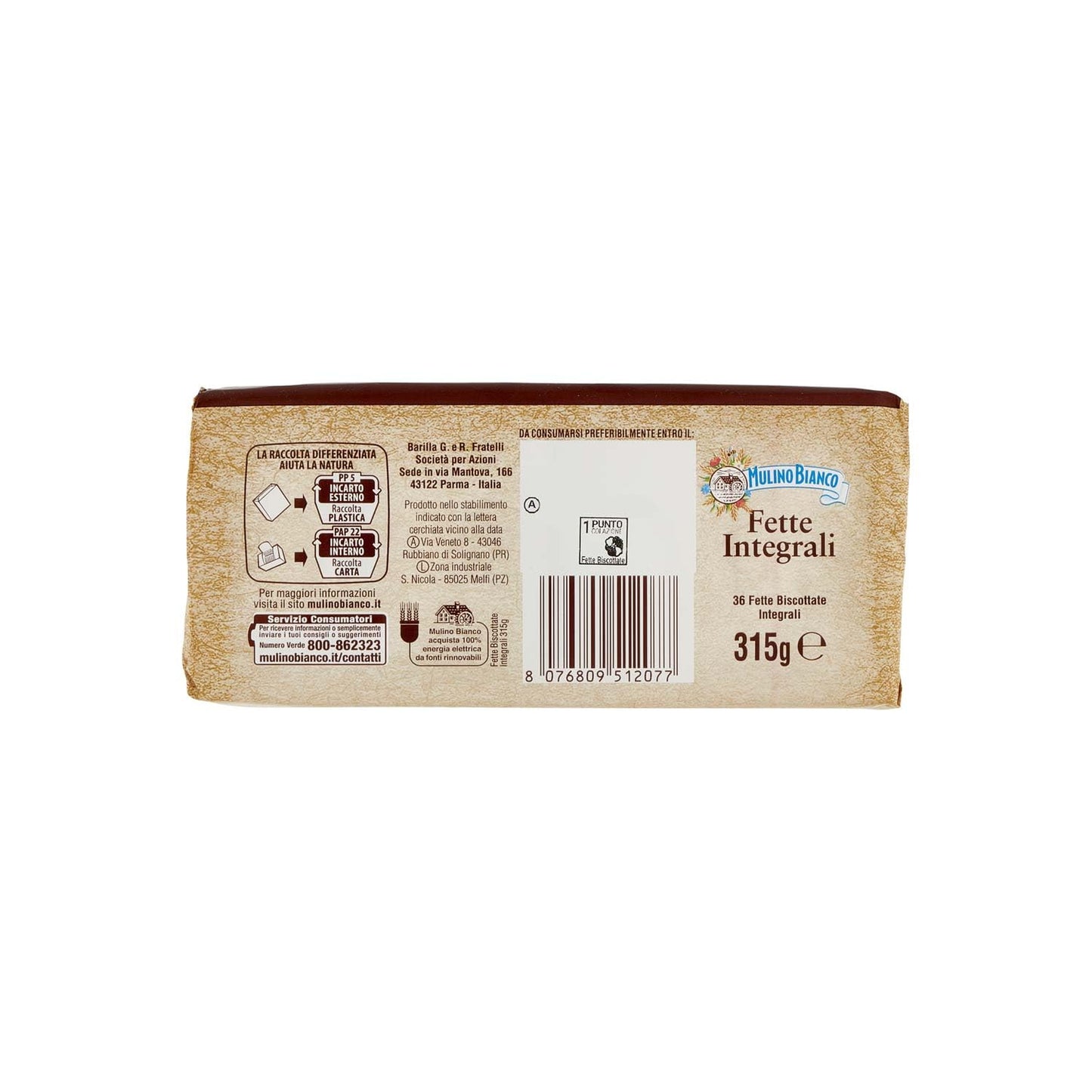 Mulino Bianco Fette Biscottate Integrali, Spesse, Croccanti e Friabili, Senza Olio di Palma, Colazione Ricca di Fibre e Gusto, 315 g (Confezione da 6)