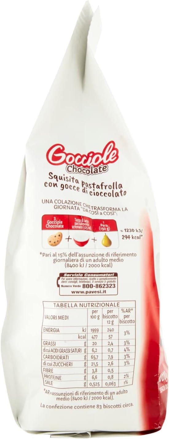 Pavesi Biscotti Frollini Gocciole Cioccolato, Biscotti da Colazione con Gocce di Cioccolato, senza Olio di Palma, 1 kg