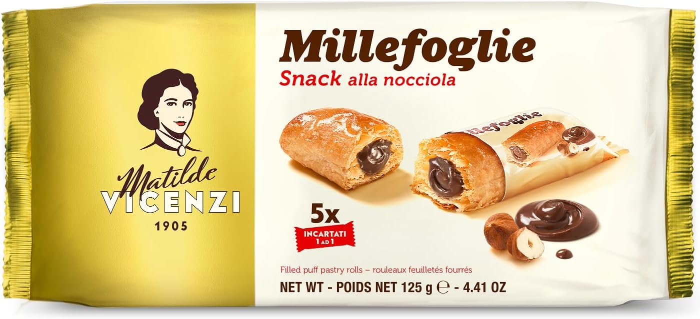 Matilde Vicenzi - Millefoglie di Matilde con Delicata Crema alla Nocciola, Croccanti Pasticcini di Delicata Sfoglia, Fragranti e Friabili, Confezione da 125 gr