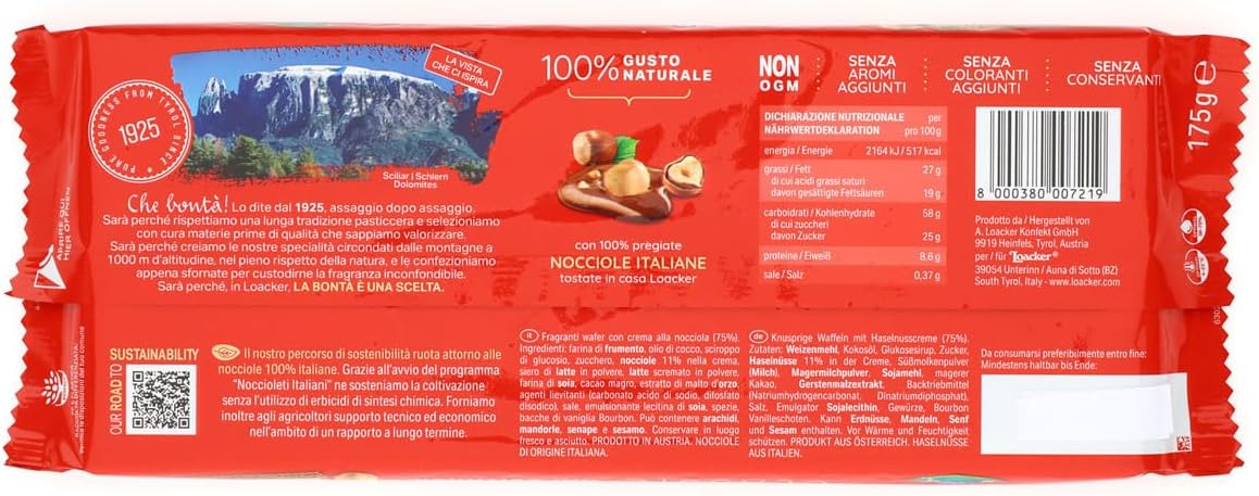 Loacker Classic Napolitaner, Wafer Classico con 3 Strati di Fragranti Cialde Farcite con Crema alle Nocciole 100% Italiane, per Merenda e Snack, 1 Confezione da 175g