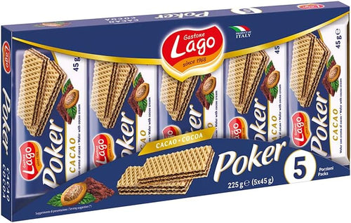 Lago 1968, Poker Cacao 5x45g, Wafer con Crema Cacao 75% con 3 Strati Friabili di Wafer e una Crema Cioccolato Vellutata