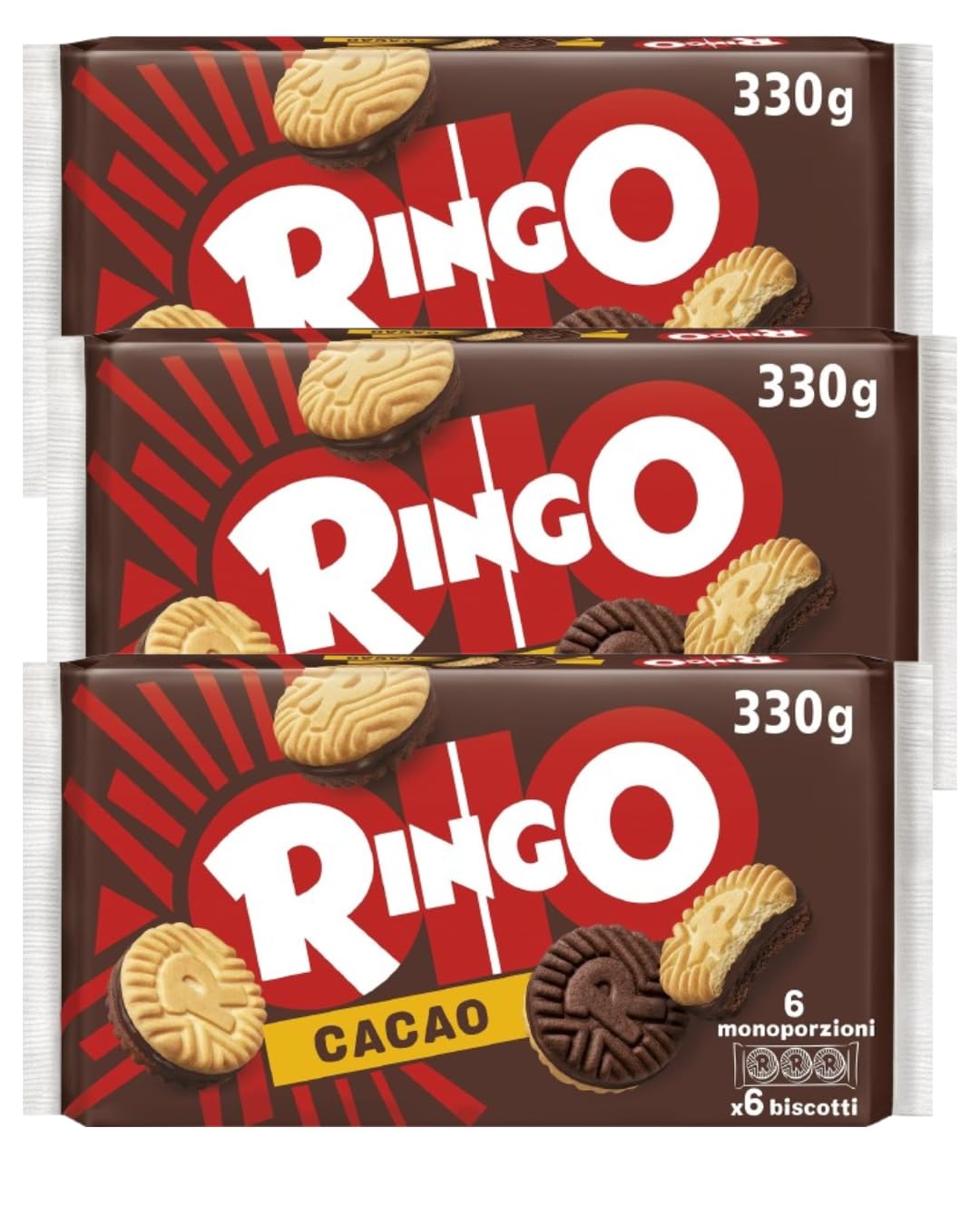 3X Confezioni Per Pavesi Ringo Cacao 330 g x 3 | Biscotti Farciti con Crema al Gusto di Cacao | Formato Famiglia | 990 g Totali | 18 Porzioni