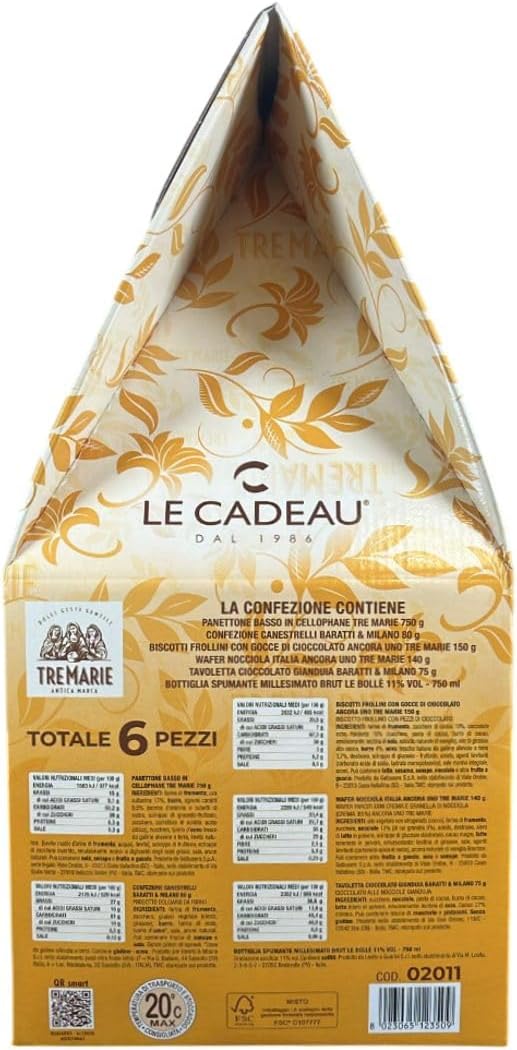 Le Cadeau TRE MARIE 2025 Rovere con 6 pezzi: Confezione Regalo Natalizia, con Panettone 750g, Canestrelli, Biscotti alla nocciola, Tavoletta Cioccolato al latte, Wafer alla Nocciola, Spumante