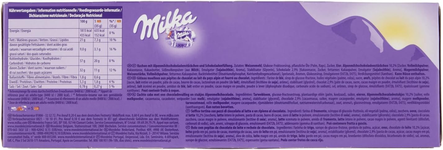 Milka, Cake & Cioc, Tortina Soffice e Golosa con Farcitura di Crema e Golose Pepite di Cioccolato al Latte Milka, con Latte Alpino, Cacao Sostenibile, 175g (5 merende da 35g)