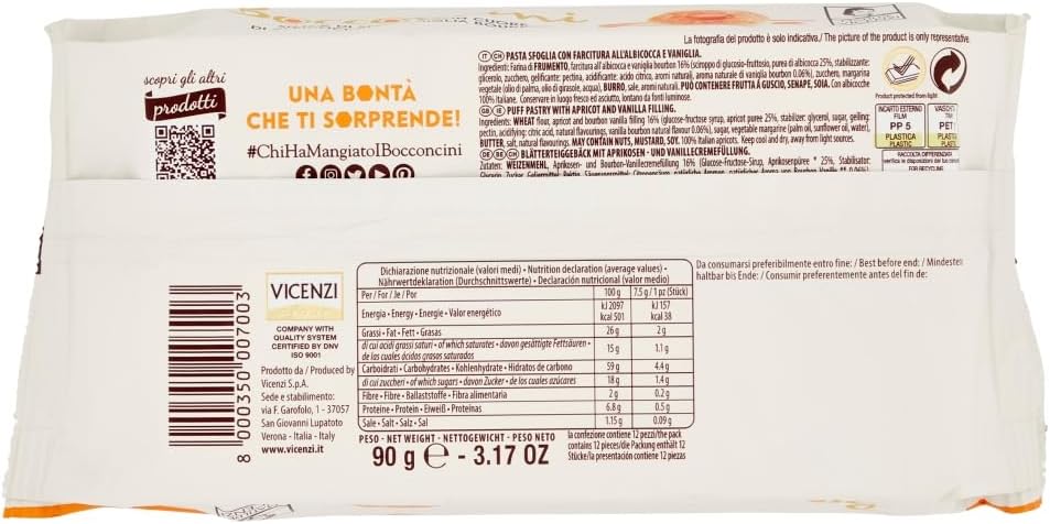 Matilde Vicenzi - Bocconcini di Pasta Sfoglia, Croccanti e Delicati, Snack Dolce di Raffinata Pasticceria Ripieno di Farcitura di Albicocche e Vaniglia Bourbon, Confezione da 90 gr