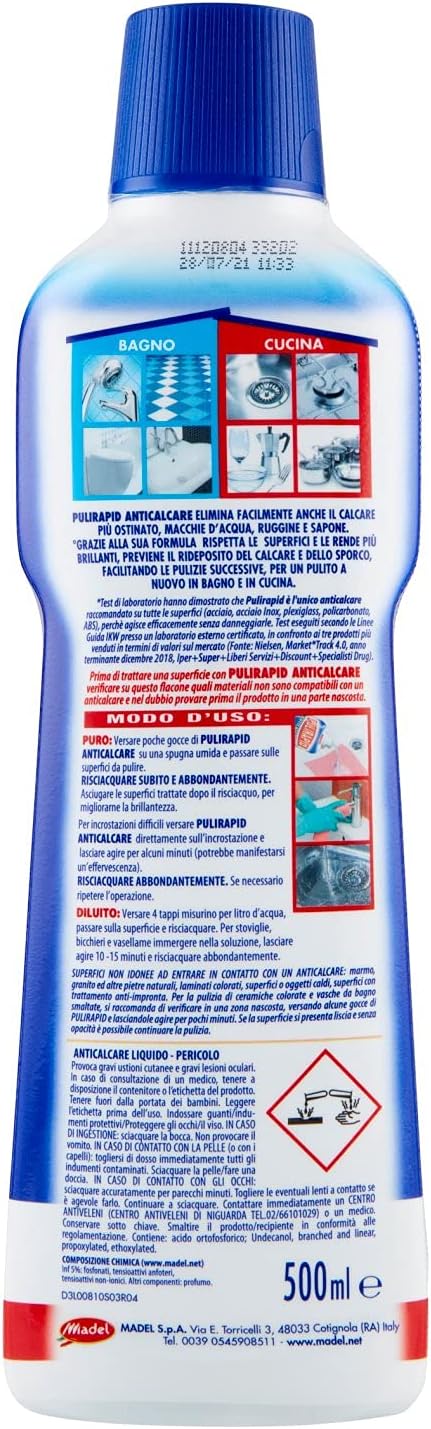 Pulirapid - Anticalcare, Igiene Totale, Brillantezza A Lunga Durata, Su Inox E Ceramica - 8 pezzi da 500 ml [4 l]