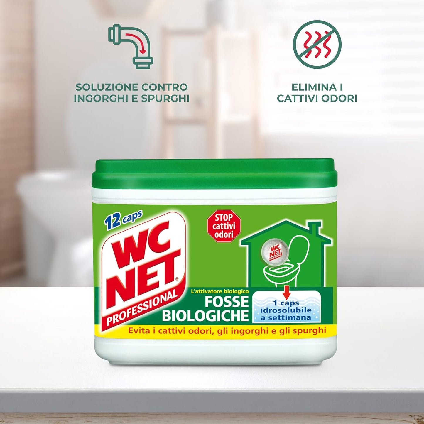 Wc Net Professional - Fosse Biologiche, Capsule Idrosolubili per WC, Scioglie gli Ingorghi, 12 Caps, 216 gr