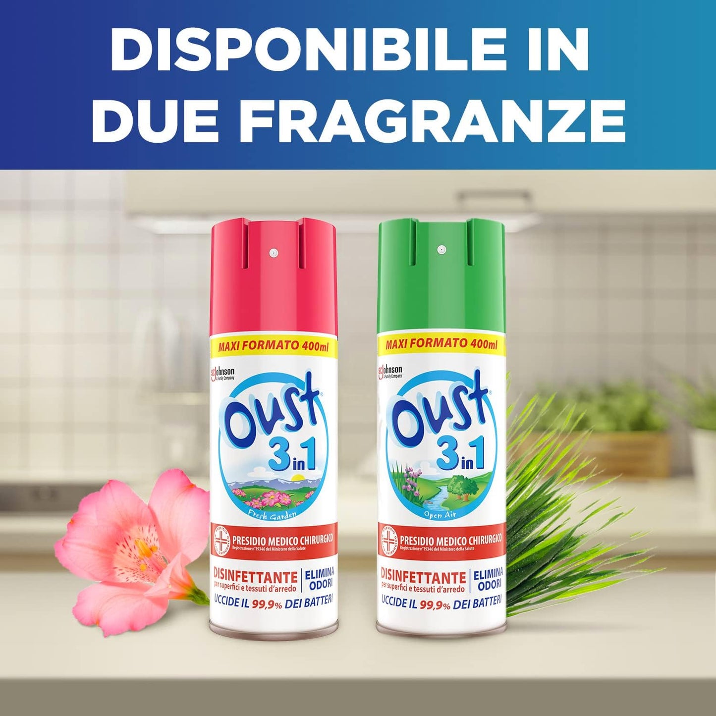 Oust 3 in 1 Spray Disinfettante 400 ml, per Superfici e Tessuti, Uccide il 99,9% dei Batteri, 400 ml