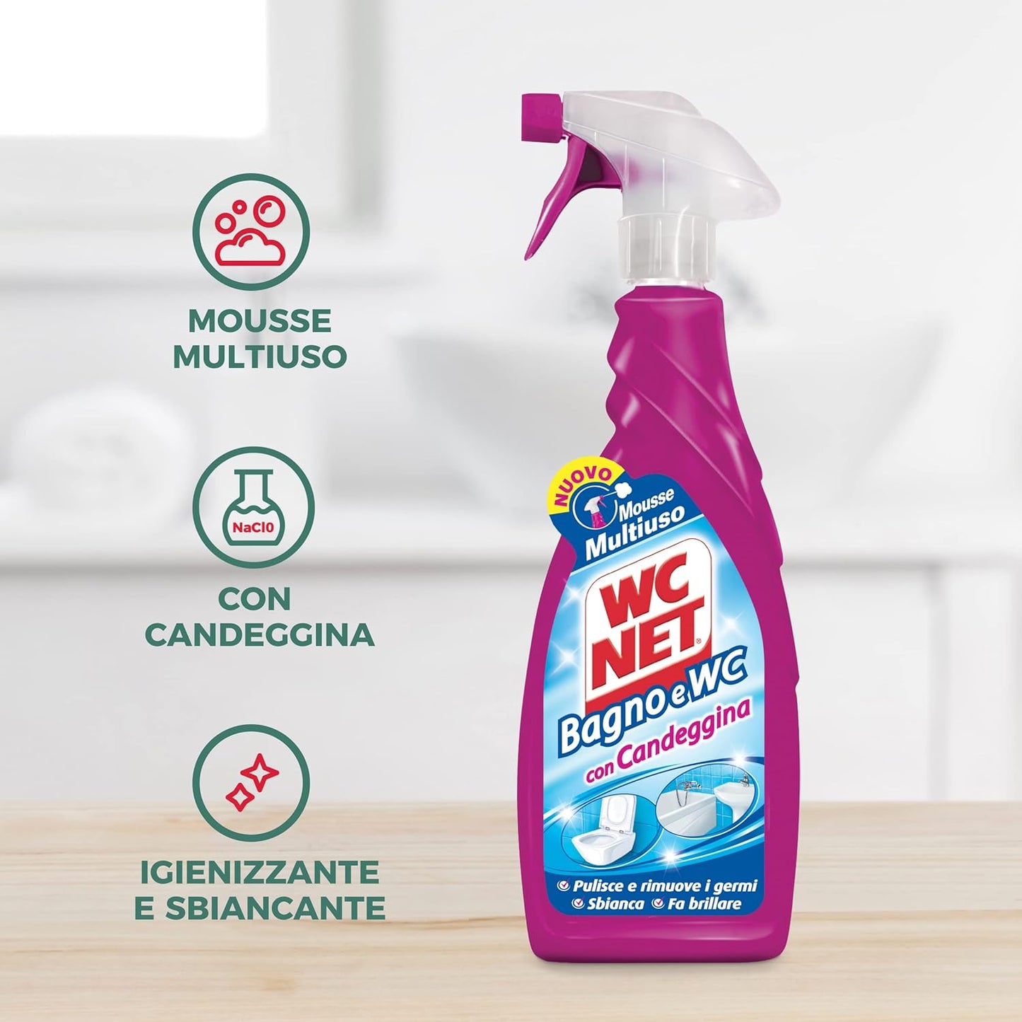 Wc Net - Bagno e Wc con Candeggina, Detergente Spray per Sanitari e Superfici, Azione Igienizzante e Sbiancante, 600 ml