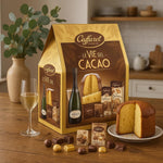 Cesto Natalizio Le Vie del Cacao 5 Pezzi con Panettone, Cioccolato Artigianale, Dolci Assortiti e Spumante Dolce, Confezione Regalo Elegante e Gourmet per Natale, Idea Regalo Raffinata Made in Italy
