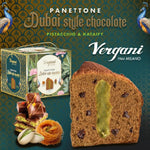 Confezione Per Vergani Panettone Artigianale Dubai Style Chocolate, con Cioccolato, Pistacchio e Pasta Kadaifi, Dolce Natalizio,Confezione Regalo Elegante, 800g, con 200g di crema al pistacchio