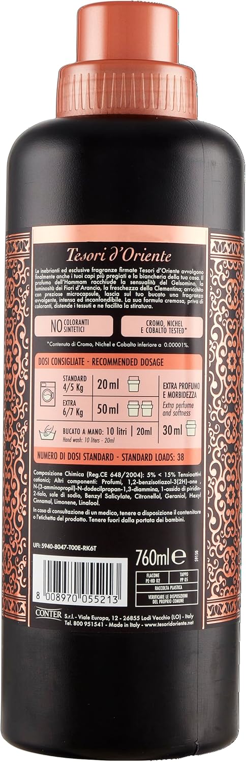 Tesori d'Oriente - Ammorbidente Lavatrice Concentrato Hammam, dalle Note di Gelsomino e Fiori d'Arancio, Fino a 38 Lavaggi, con Preziose Microcapsule Per Capi Morbidi e Profumati, 760 ml