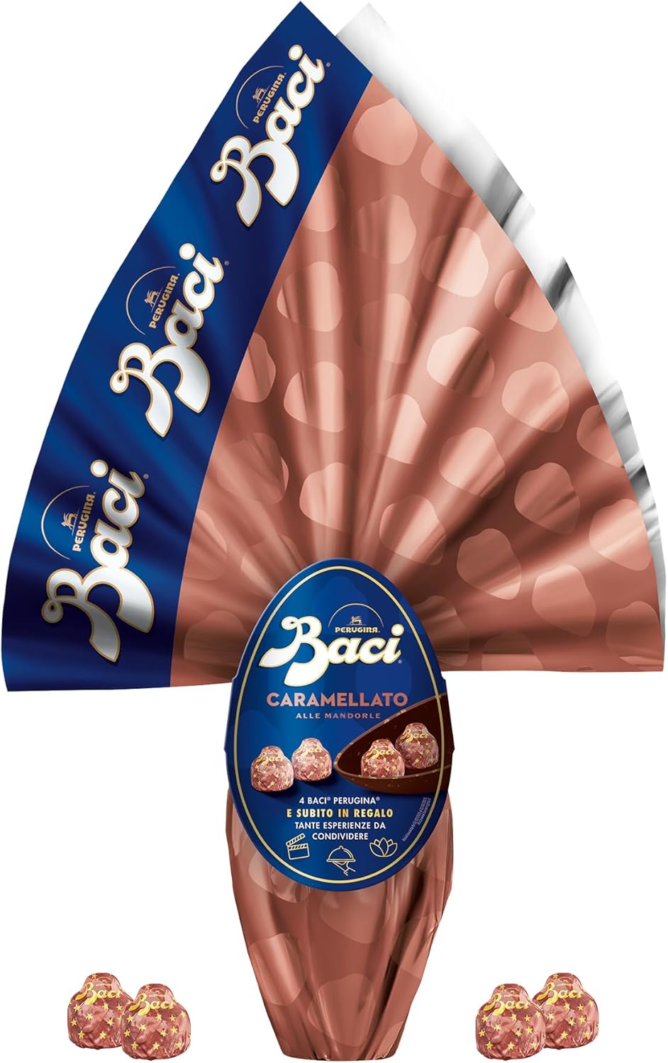 BACI PERUGINA Uovo di Pasqua 2025 Cioccolato Caramellato alle Mandorle con Sorpresa e 4 Cioccolatini 265g