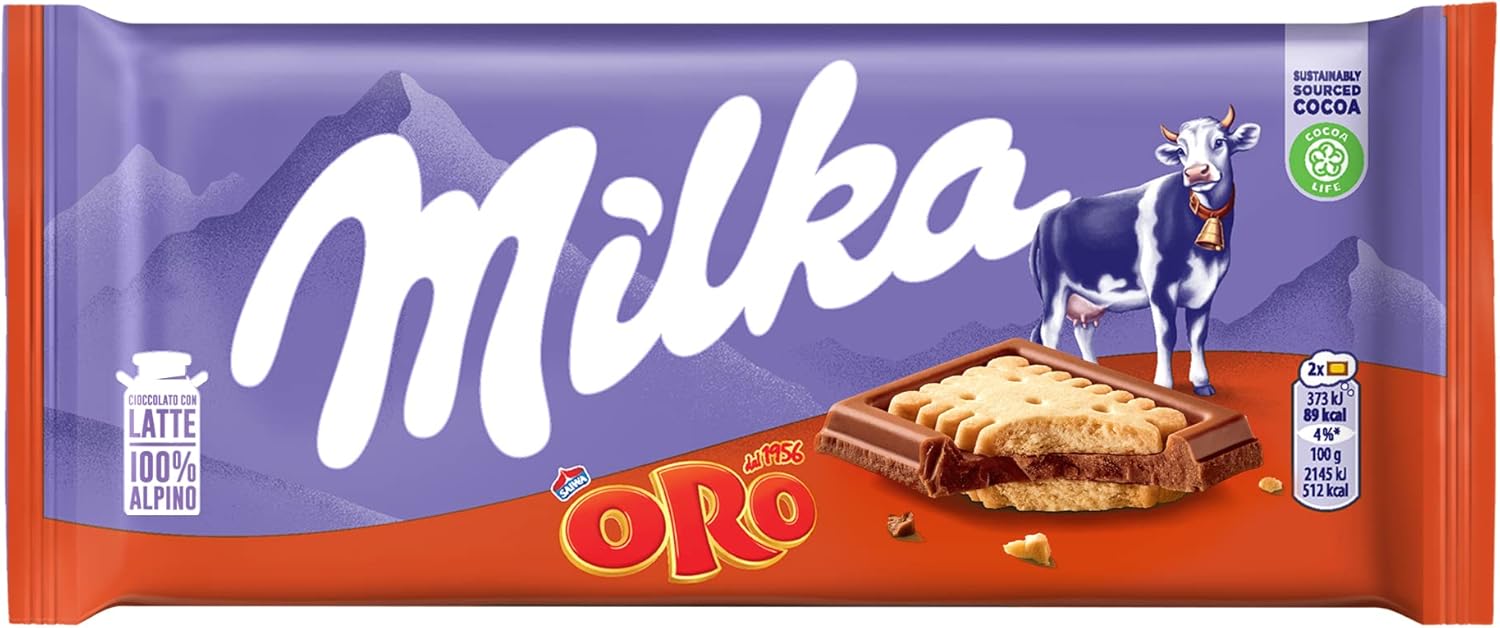 Milka, Oro Saiwa, Tavoletta di Cioccolato al Latte Ripieno di Biscotti Oro Saiwa, 100% Latte Alpino, Cacao Sostenibile, 87g